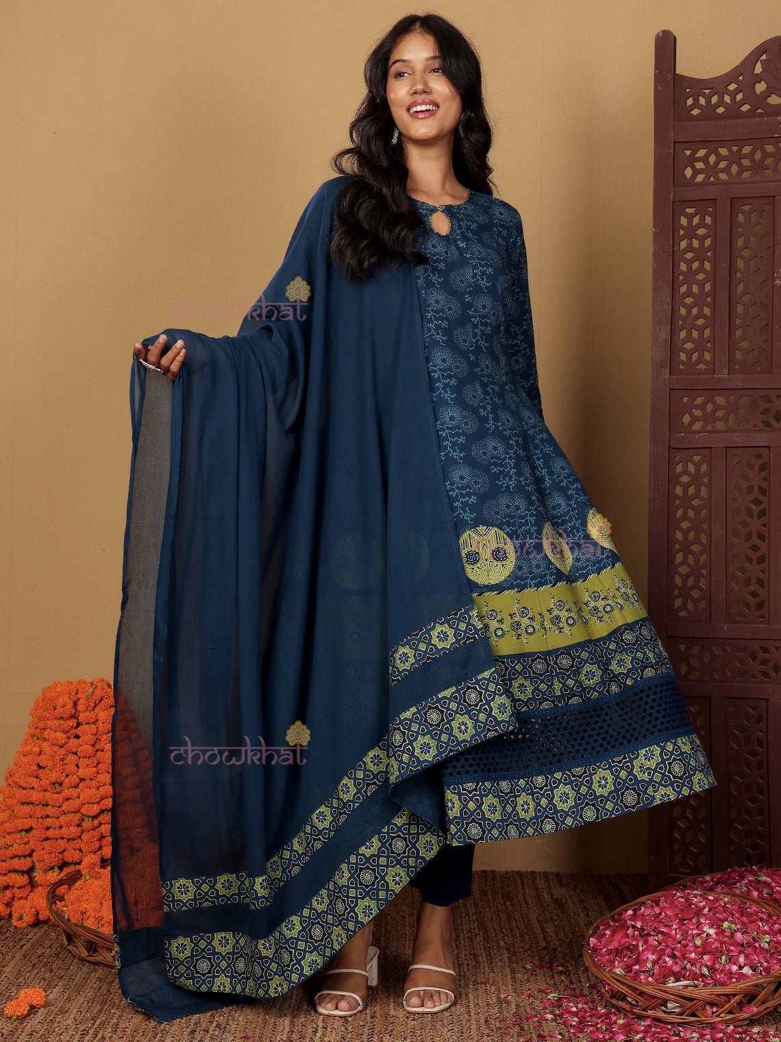 Nida Hand Block 3 Piece Anarkali Stitched Suit Set with Handwork - Chowkhat Lifestyle