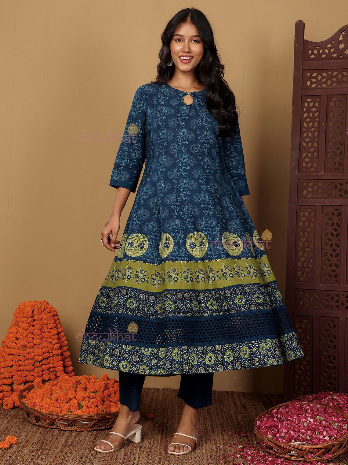 Nida Hand Block 3 Piece Anarkali Stitched Suit Set with Handwork - Chowkhat Lifestyle
