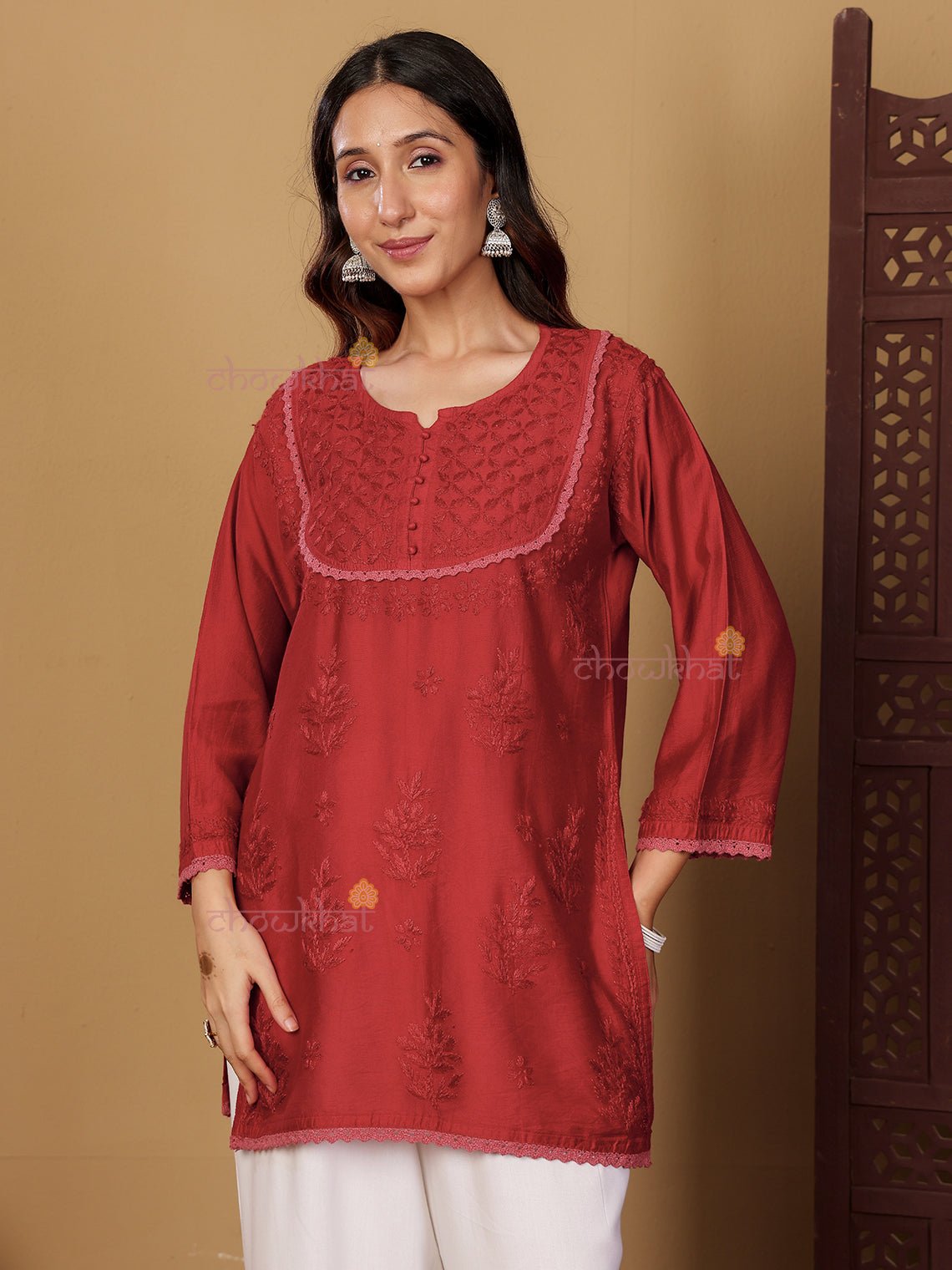 Zaiba Chanderi Straight Short Chikankari Kurti with Lace Detaling - Chowkhat Lifestyle