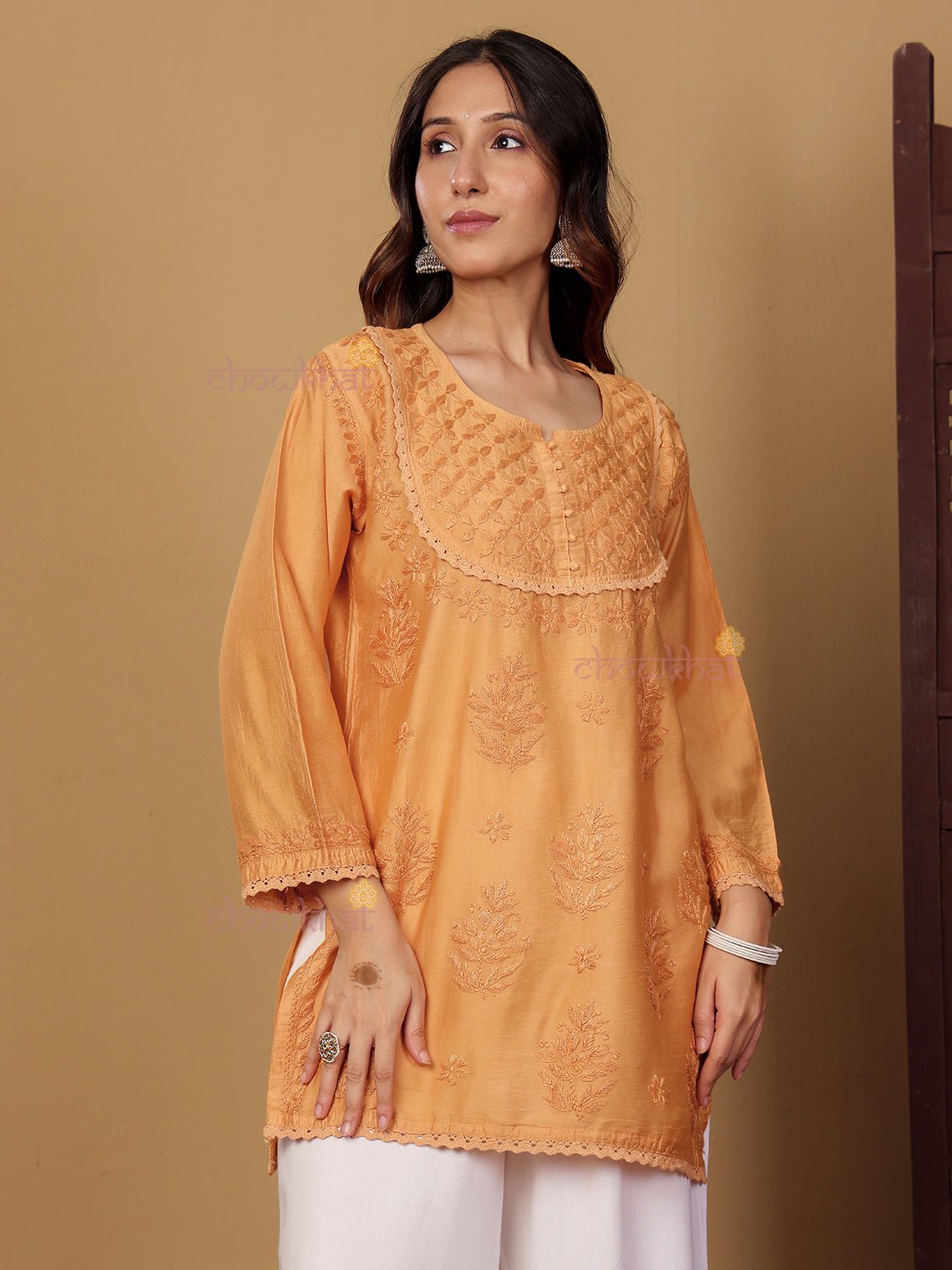 Zaiba Chanderi Straight Short Chikankari Kurti with Lace Detaling - Chowkhat Lifestyle