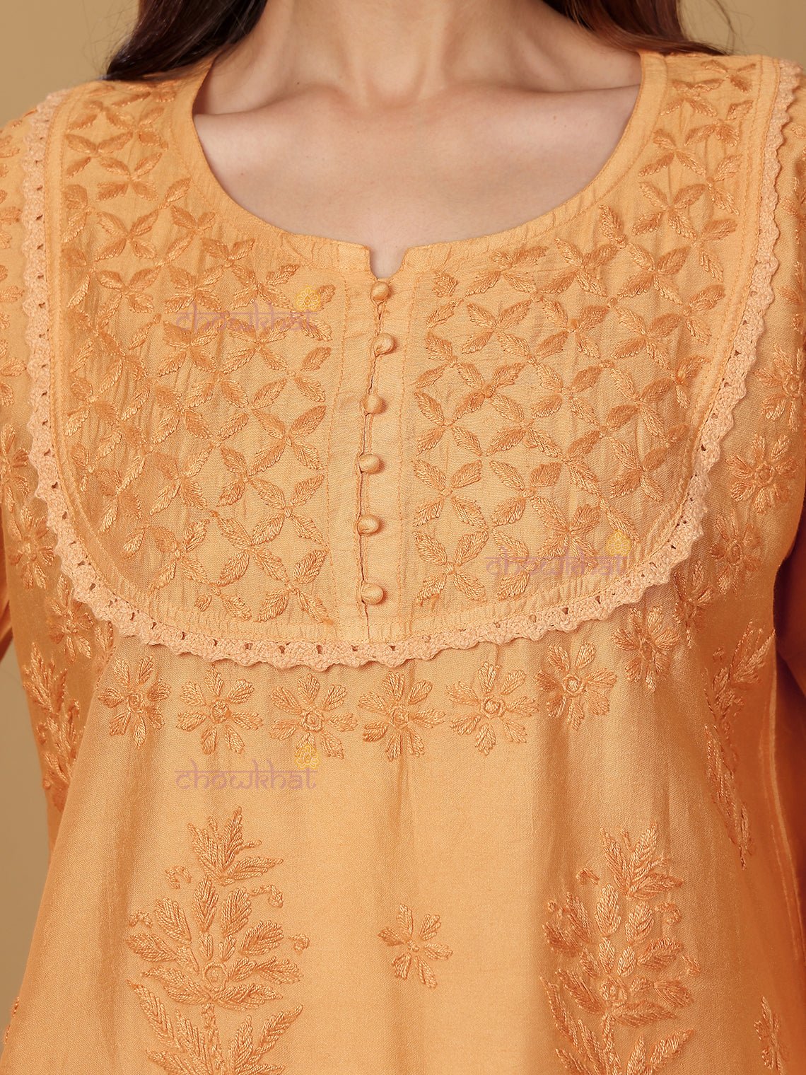 Zaiba Chanderi Straight Short Chikankari Kurti with Lace Detaling - Chowkhat Lifestyle