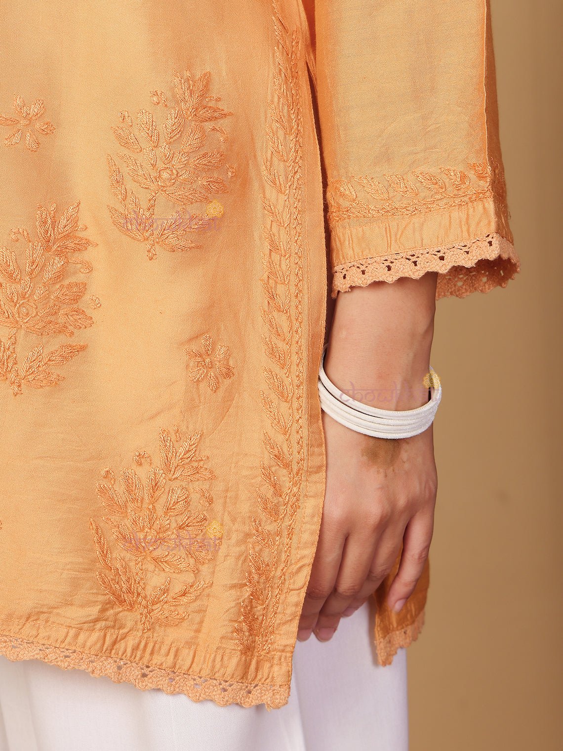 Zaiba Chanderi Straight Short Chikankari Kurti with Lace Detaling - Chowkhat Lifestyle