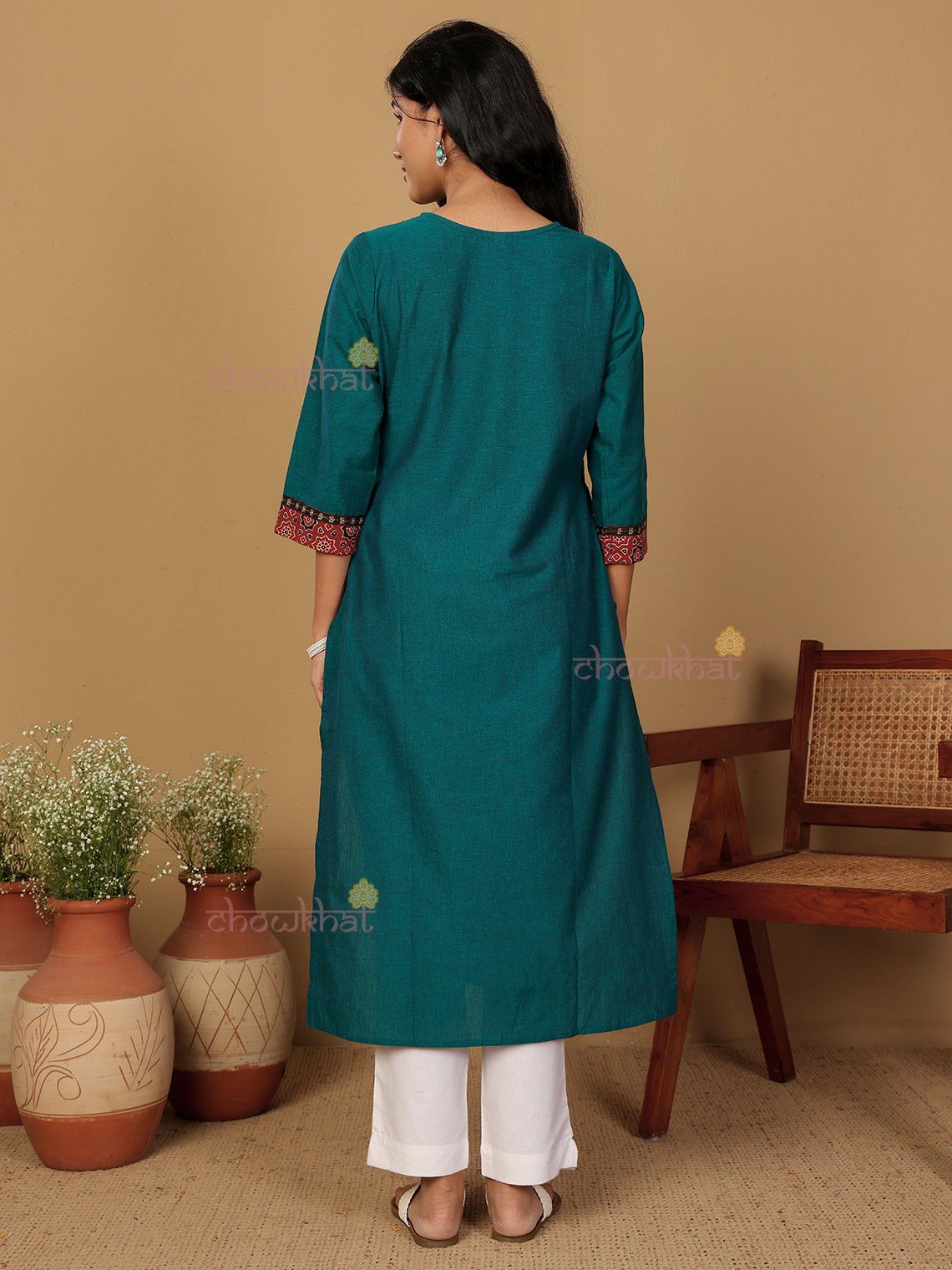 Aviva Handloom Cotton Straight Kurti with Handwork - Teal - Chowkhat Lifestyle