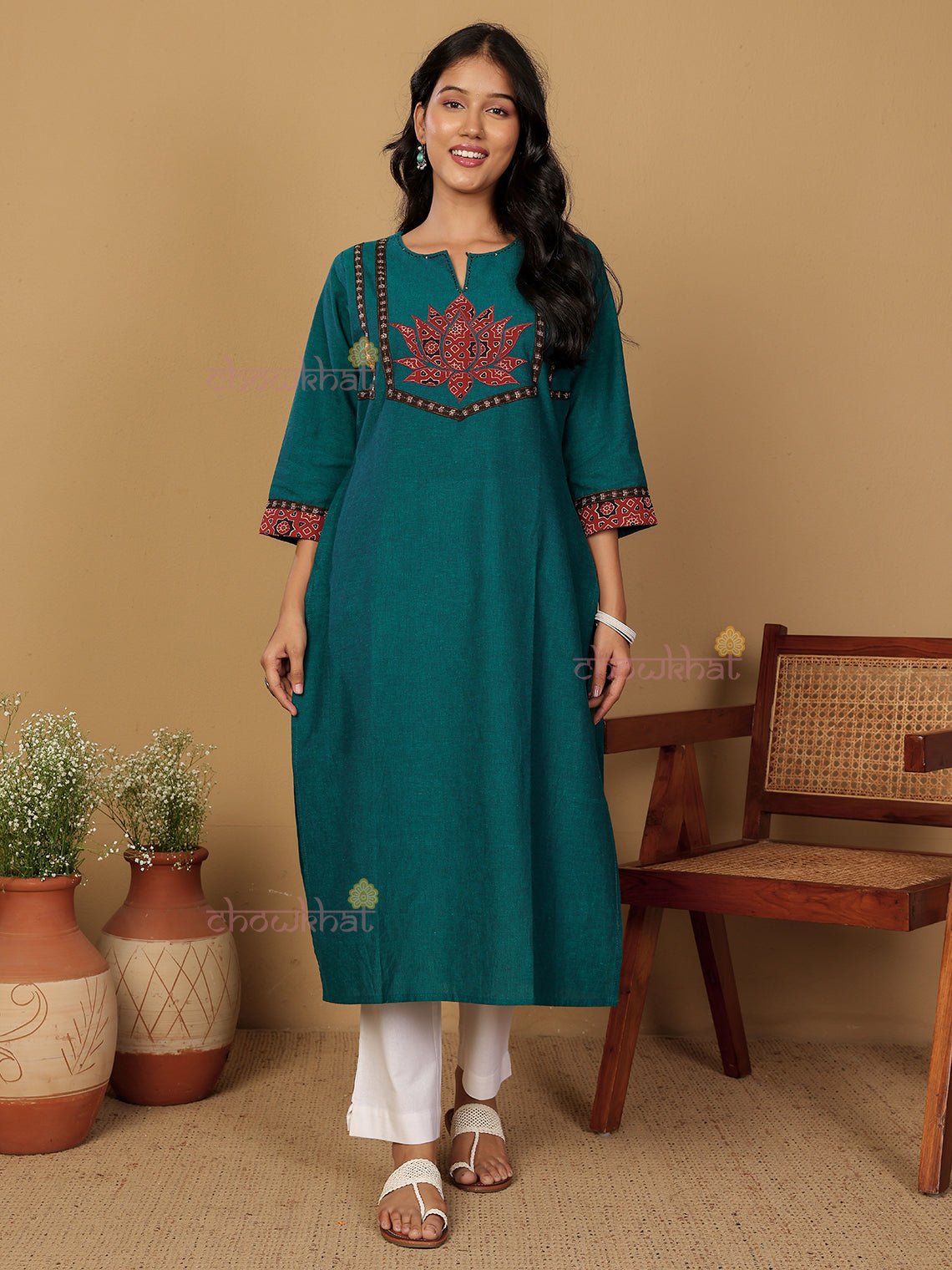 Aviva Handloom Cotton Straight Kurti with Handwork - Teal - Chowkhat Lifestyle
