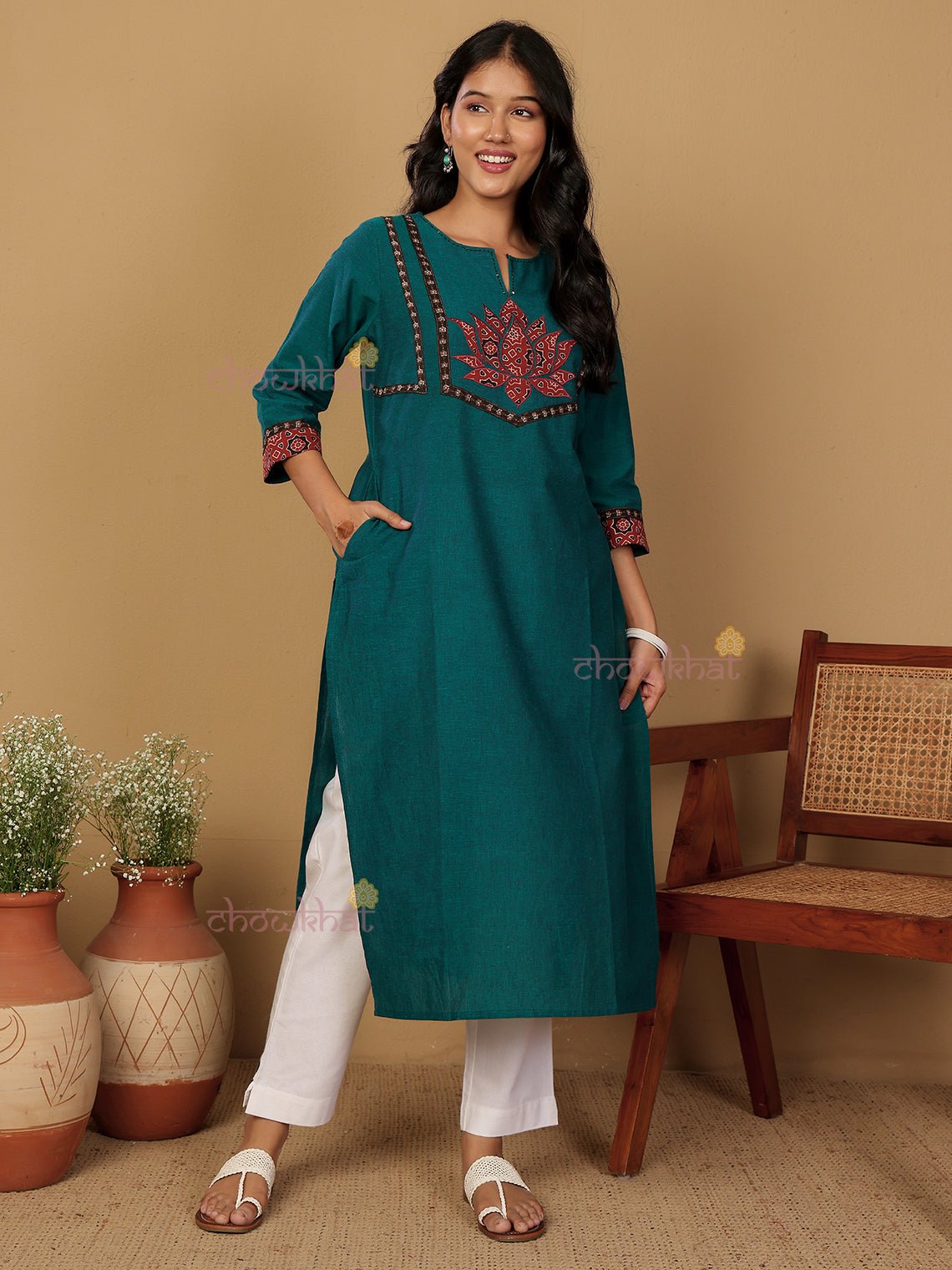 Aviva Handloom Cotton Straight Kurti with Handwork - Teal - Chowkhat Lifestyle