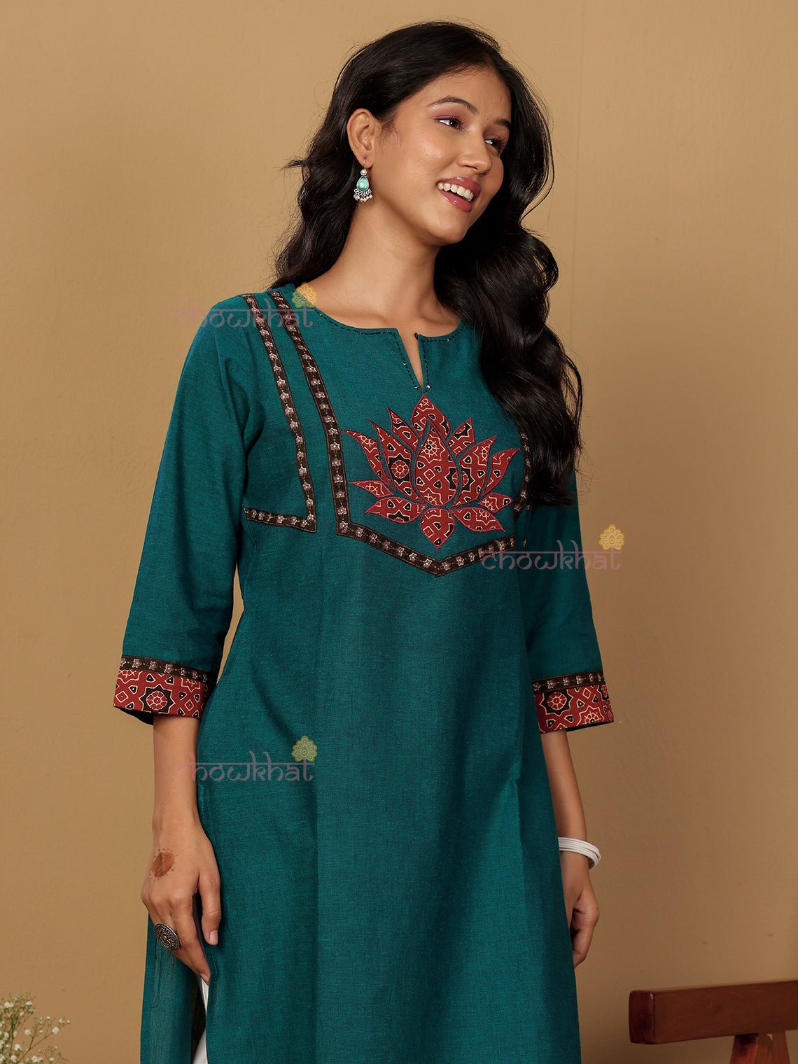 Aviva Handloom Cotton Straight Kurti with Handwork - Teal - Chowkhat Lifestyle
