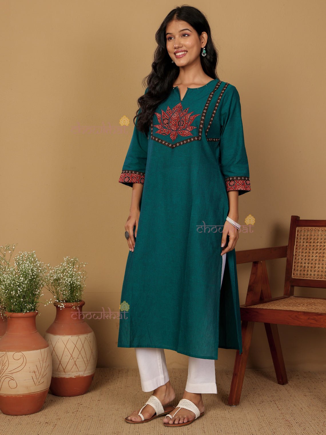 Aviva Handloom Cotton Straight Kurti with Handwork - Teal - Chowkhat Lifestyle