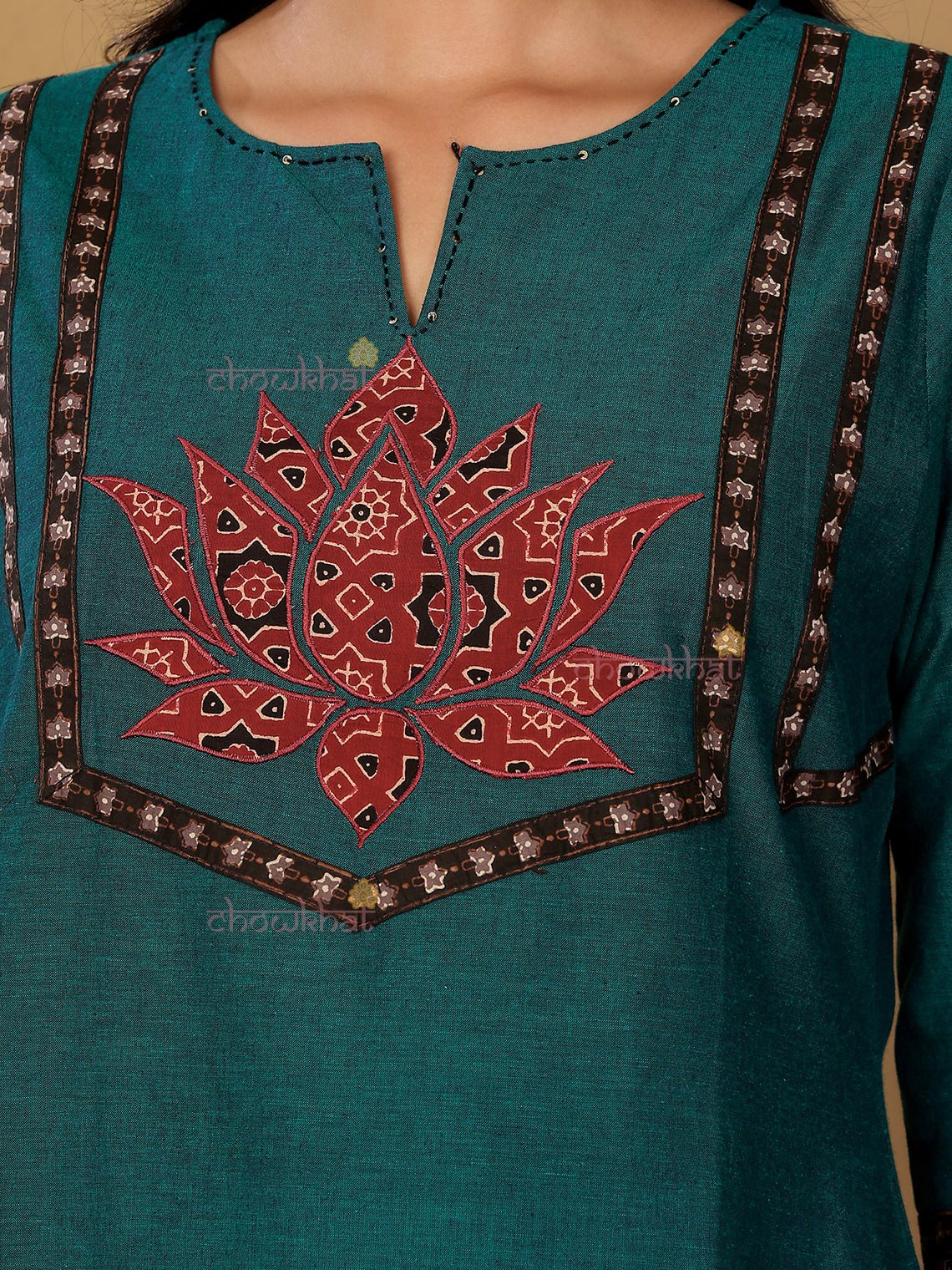 Aviva Handloom Cotton Straight Kurti with Handwork - Teal - Chowkhat Lifestyle
