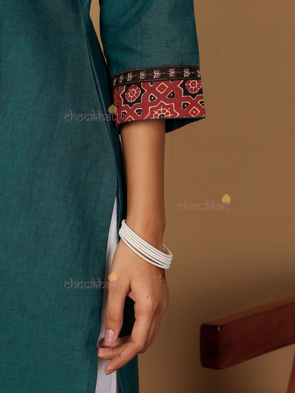 Aviva Handloom Cotton Straight Kurti with Handwork - Teal - Chowkhat Lifestyle