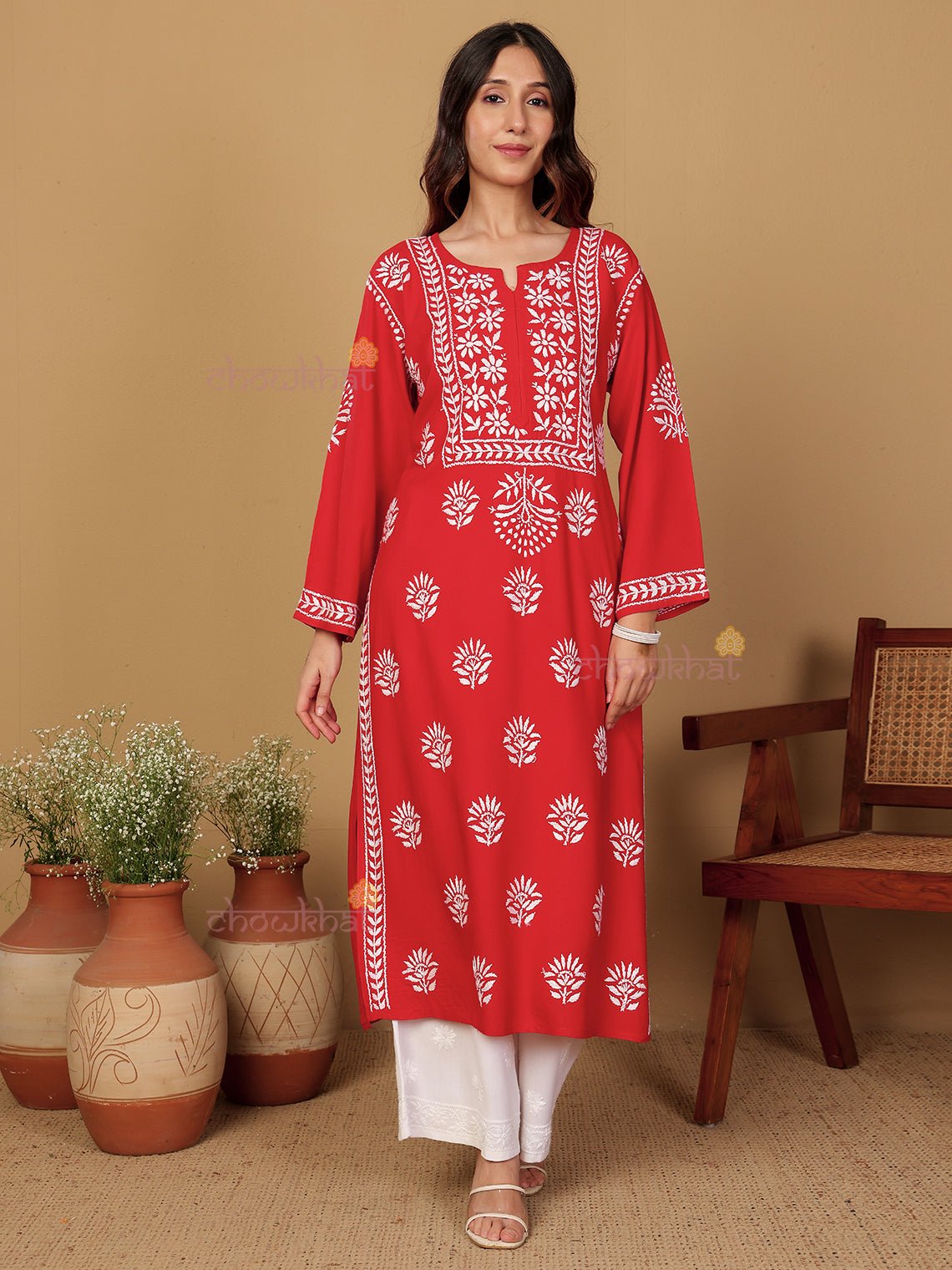 Aaniya Rayon Straight Long Chikankari Kurti - Chowkhat Lifestyle