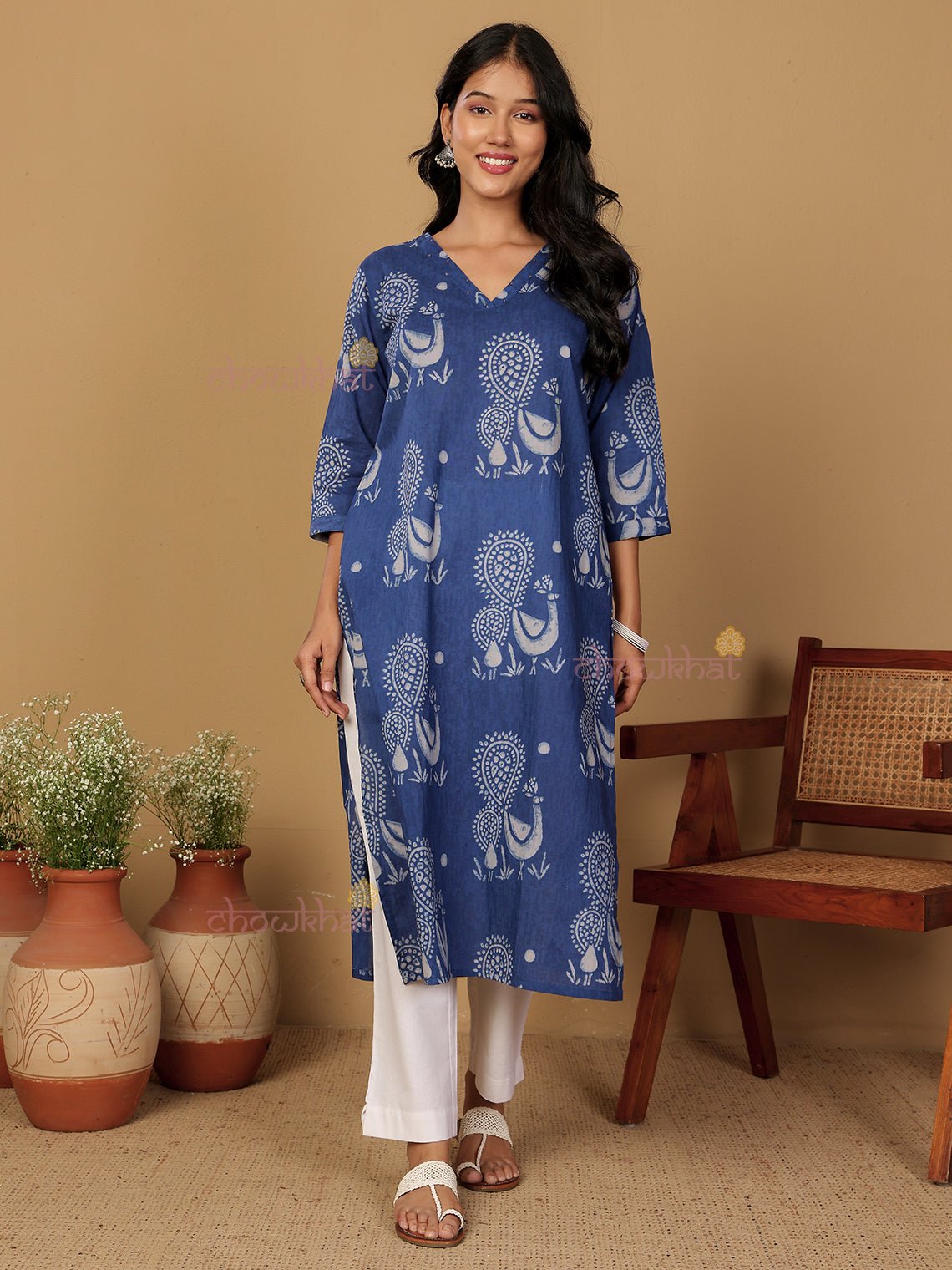 Vrinda Hand Printed Cotton Kurti With Handwork - Chowkhat Lifestyle