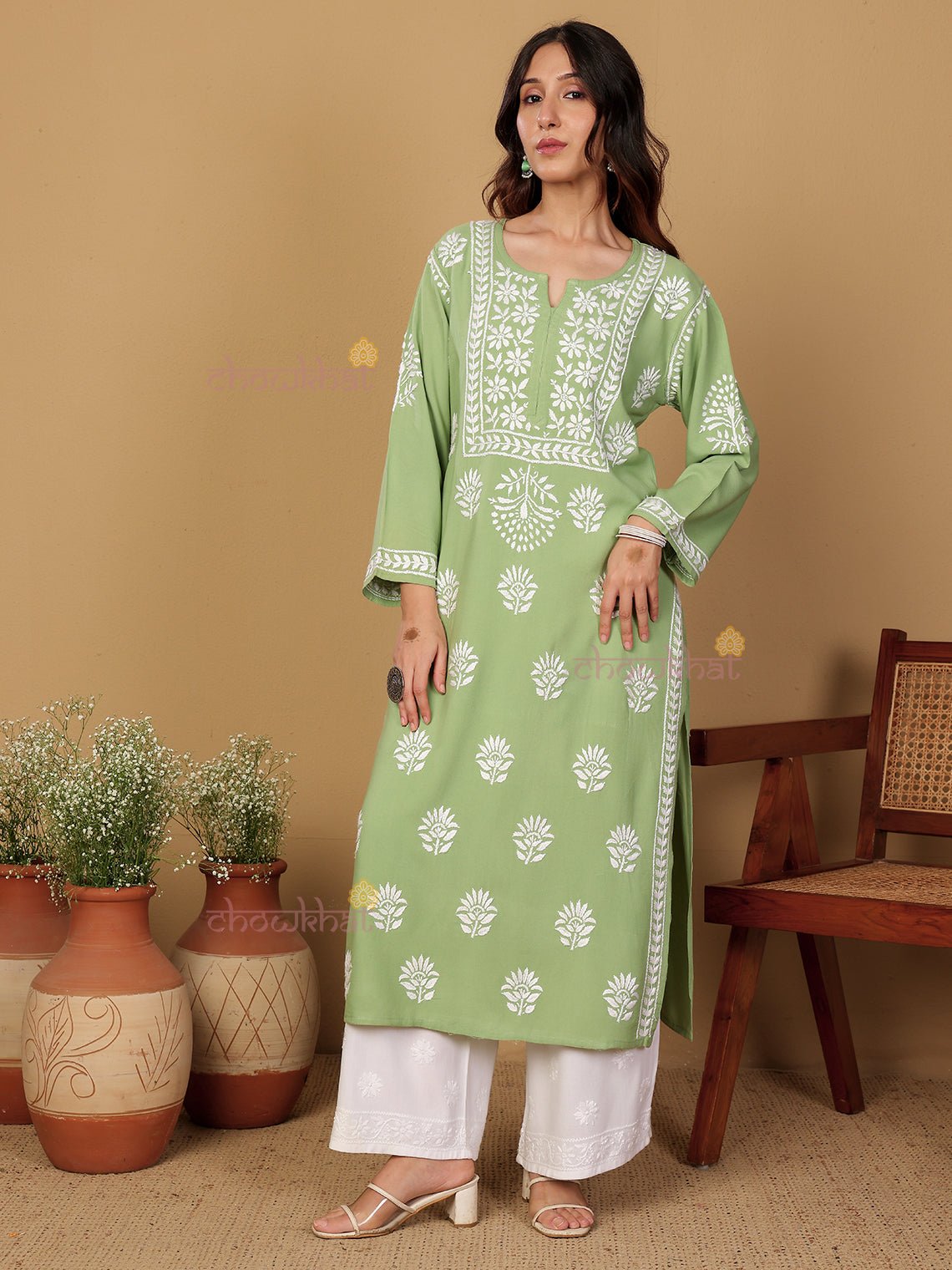 Aaniya Rayon Straight Long Chikankari Kurti - Chowkhat Lifestyle