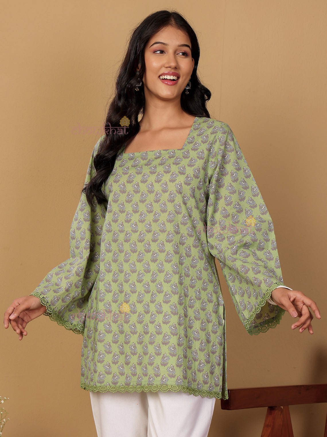 Palak Short Hand Printed Cotton Kurti With Lace Detailing - Chowkhat Lifestyle