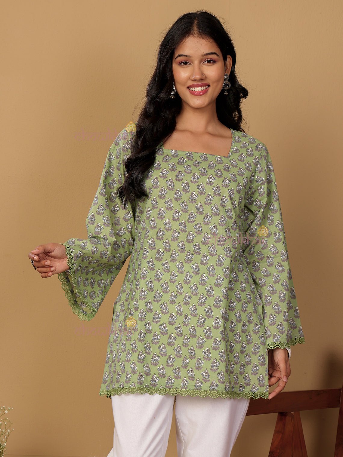 Palak Short Hand Printed Cotton Kurti With Lace Detailing - Chowkhat Lifestyle