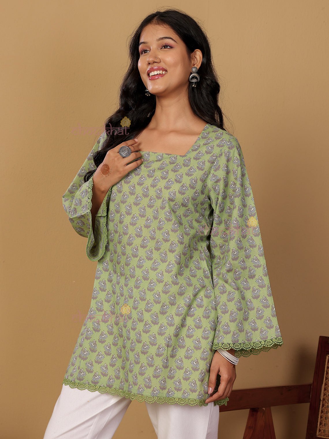 Palak Short Hand Printed Cotton Kurti With Lace Detailing - Chowkhat Lifestyle