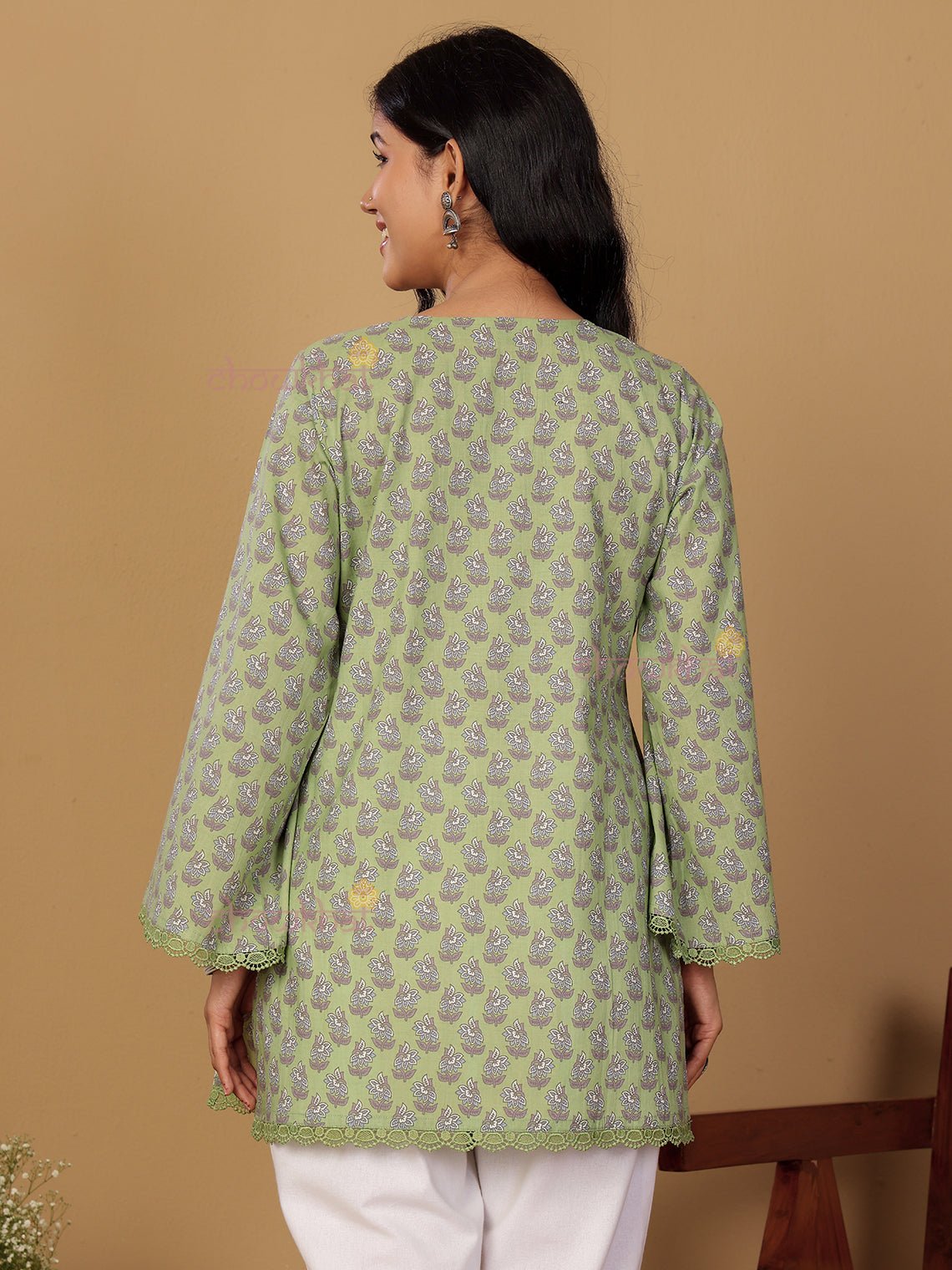 Palak Short Hand Printed Cotton Kurti With Lace Detailing - Chowkhat Lifestyle
