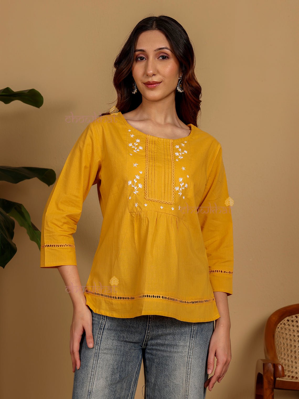 Daisy Hand Embroidered Short Cotton Top - Chowkhat Lifestyle