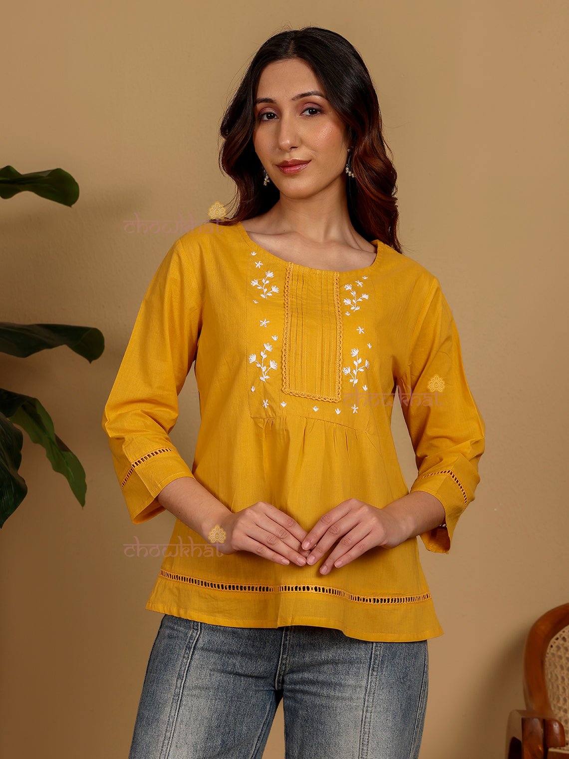 Daisy Hand Embroidered Short Cotton Top - Chowkhat Lifestyle