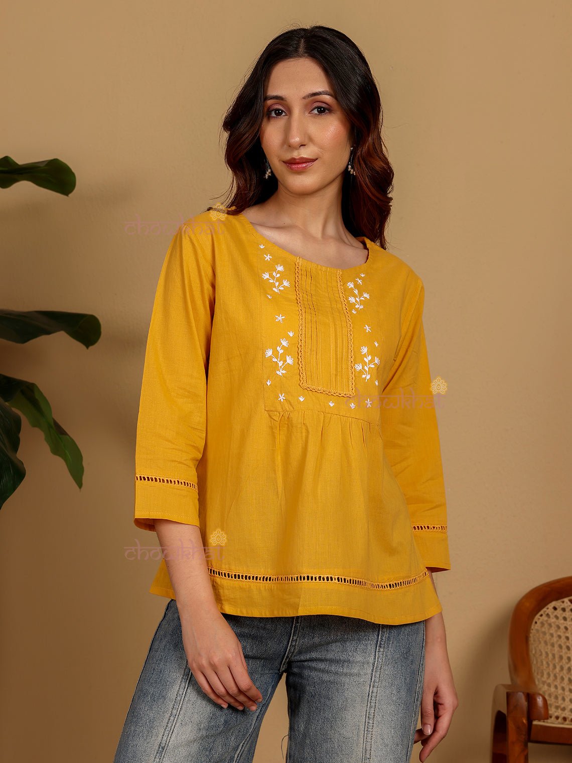 Daisy Hand Embroidered Short Cotton Top - Chowkhat Lifestyle