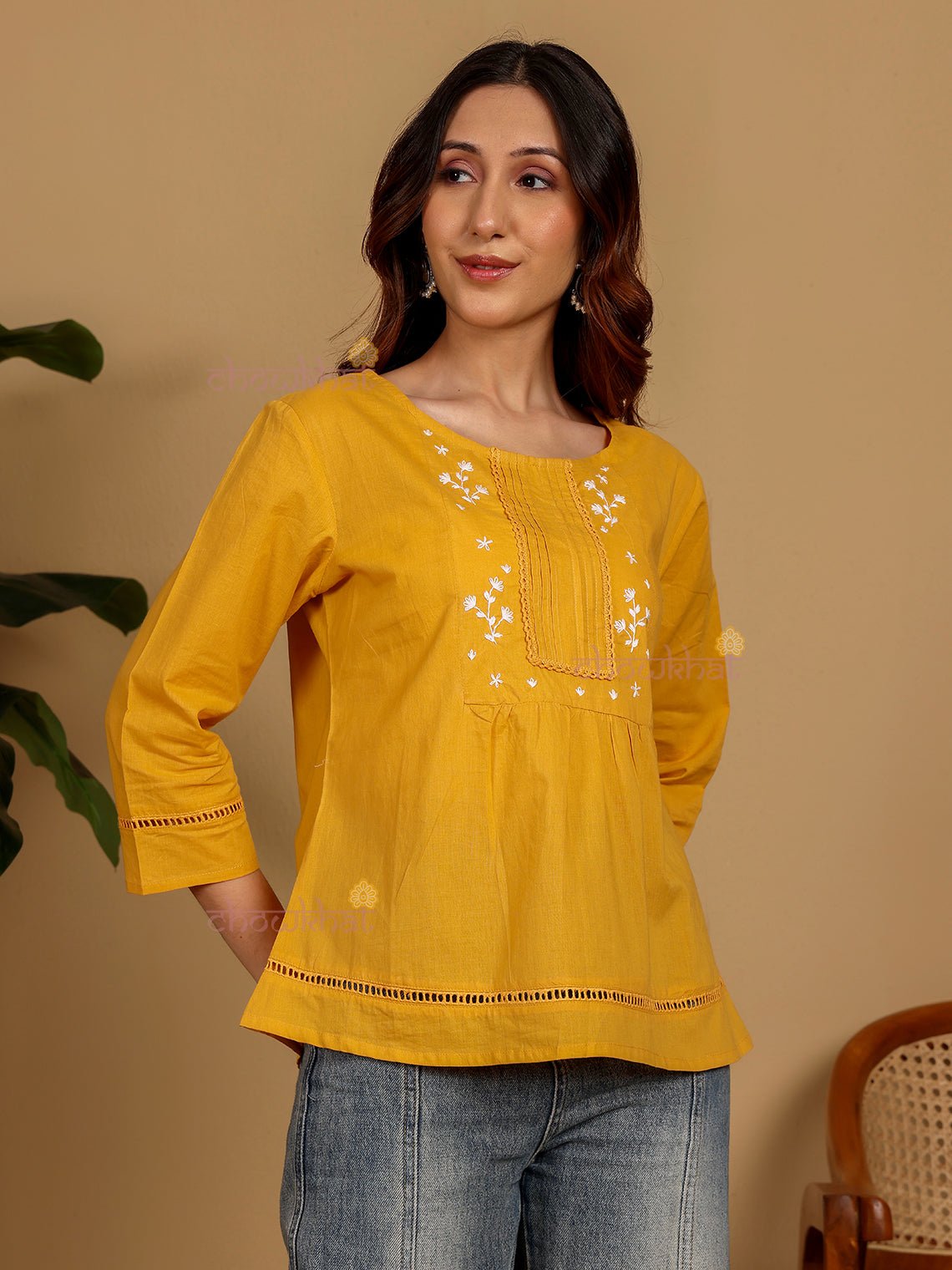 Daisy Hand Embroidered Short Cotton Top - Chowkhat Lifestyle