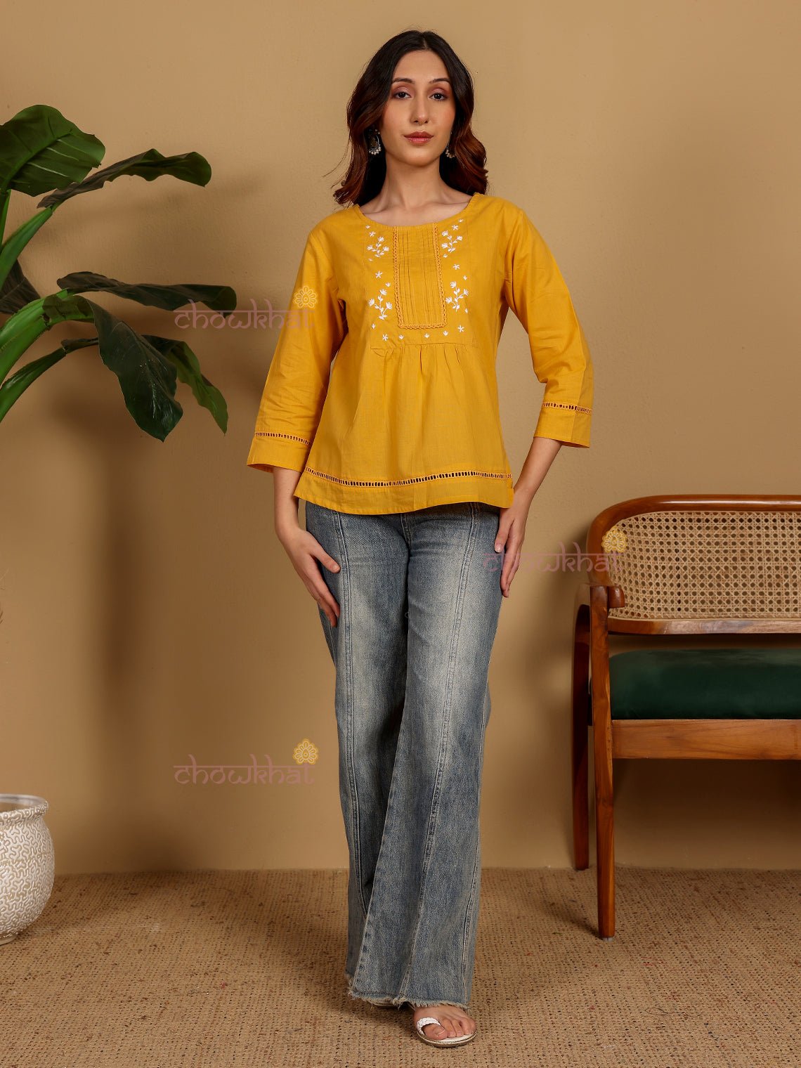 Daisy Hand Embroidered Short Cotton Top - Chowkhat Lifestyle