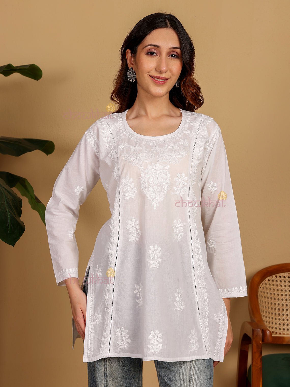 Osha Cotton Short Hand Embroidered Chikankari Kurti - Chowkhat Lifestyle