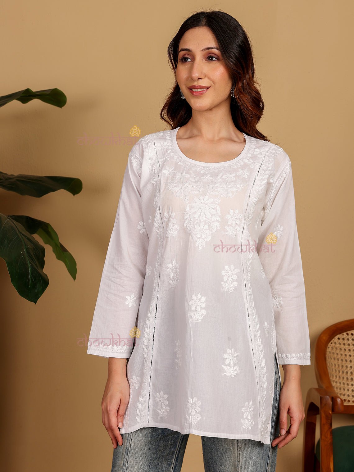 Osha Cotton Short Hand Embroidered Chikankari Kurti - Chowkhat Lifestyle