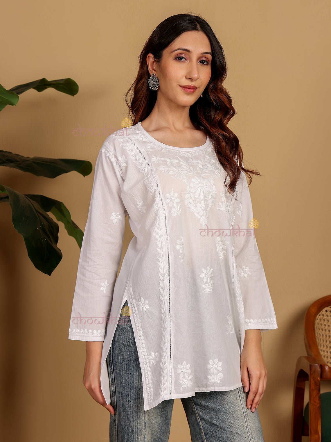 Osha Cotton Short Hand Embroidered Chikankari Kurti - Chowkhat Lifestyle