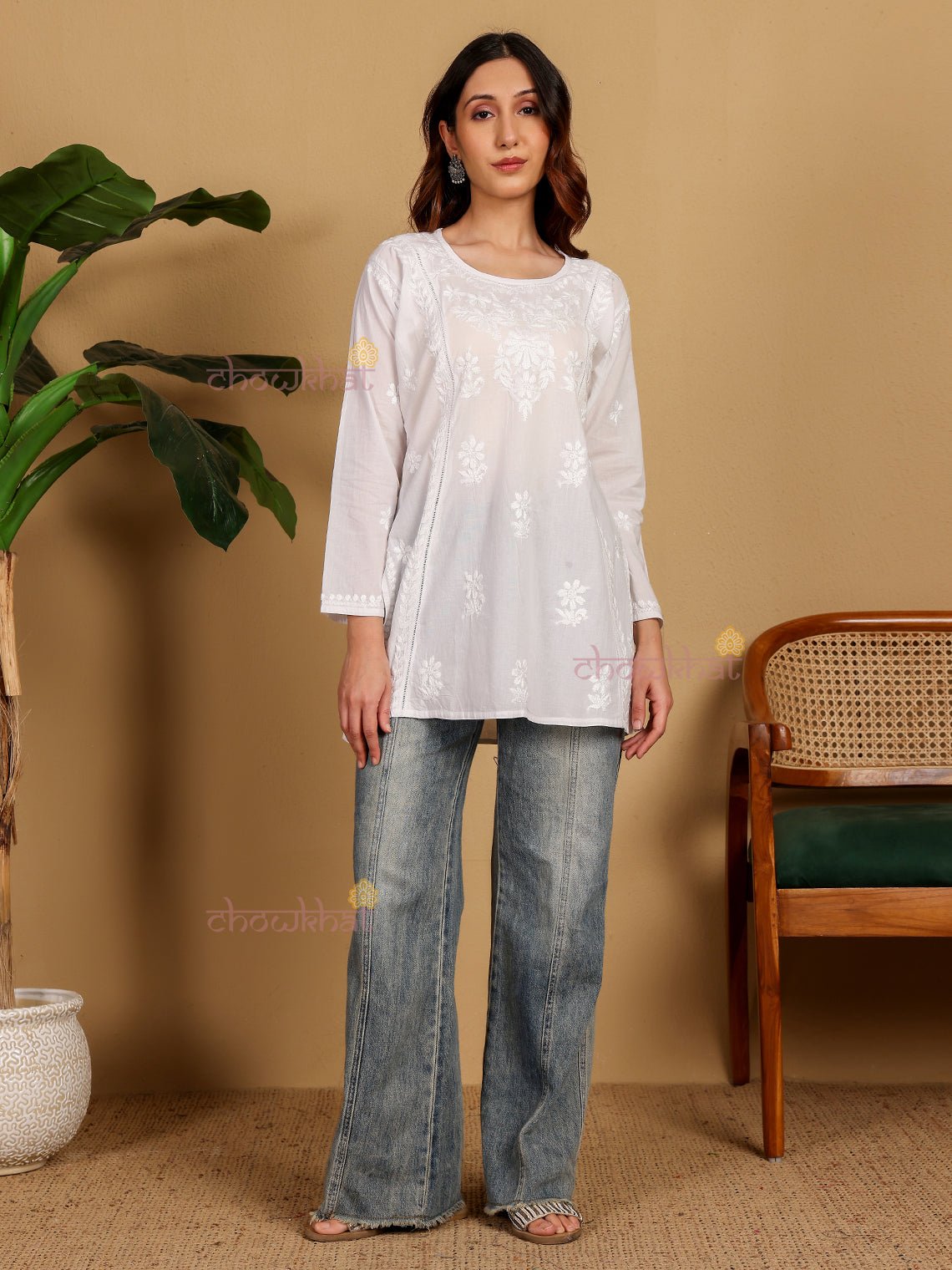 Osha Cotton Short Hand Embroidered Chikankari Kurti - Chowkhat Lifestyle