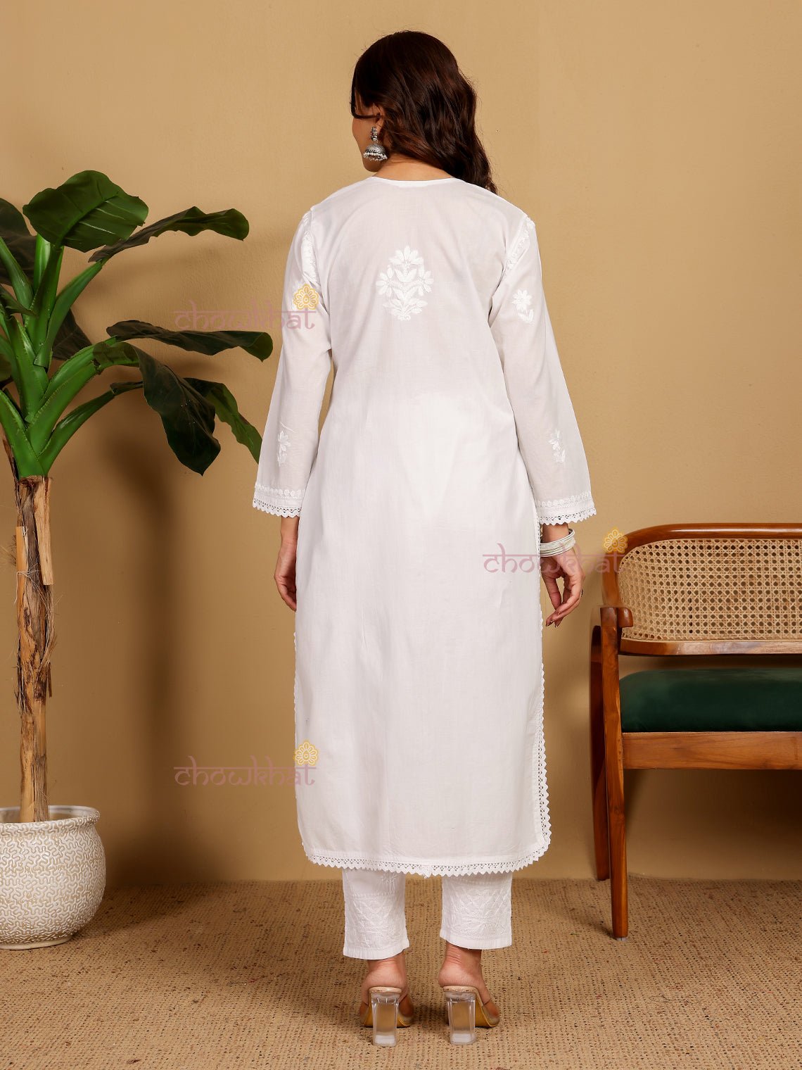 Nikhat Cotton Straight Hand Embroidered Chikankari Kurti With Lace Detaling - Chowkhat Lifestyle