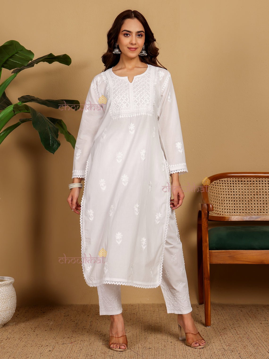 Nikhat Cotton Straight Hand Embroidered Chikankari Kurti With Lace Detaling - Chowkhat Lifestyle