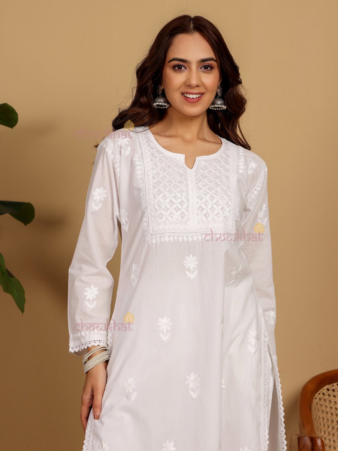 Nikhat Cotton Straight Hand Embroidered Chikankari Kurti With Lace Detaling - Chowkhat Lifestyle