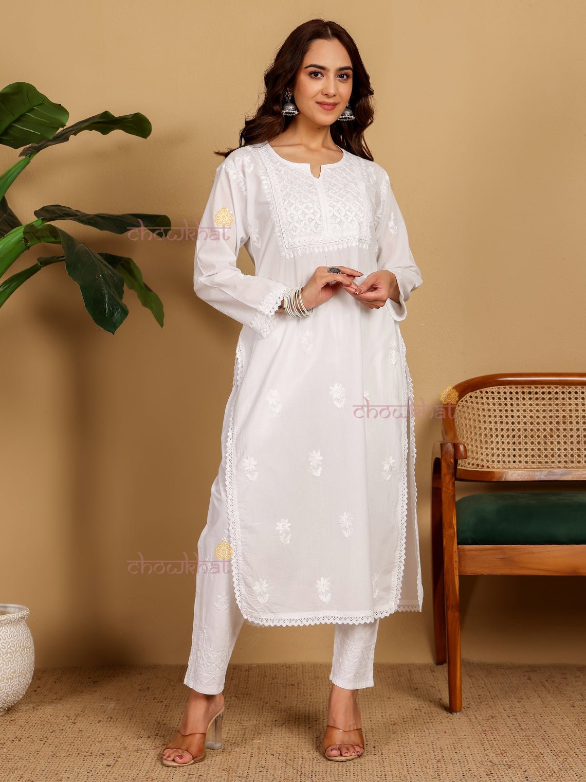 Nikhat Cotton Straight Hand Embroidered Chikankari Kurti With Lace Detaling - Chowkhat Lifestyle