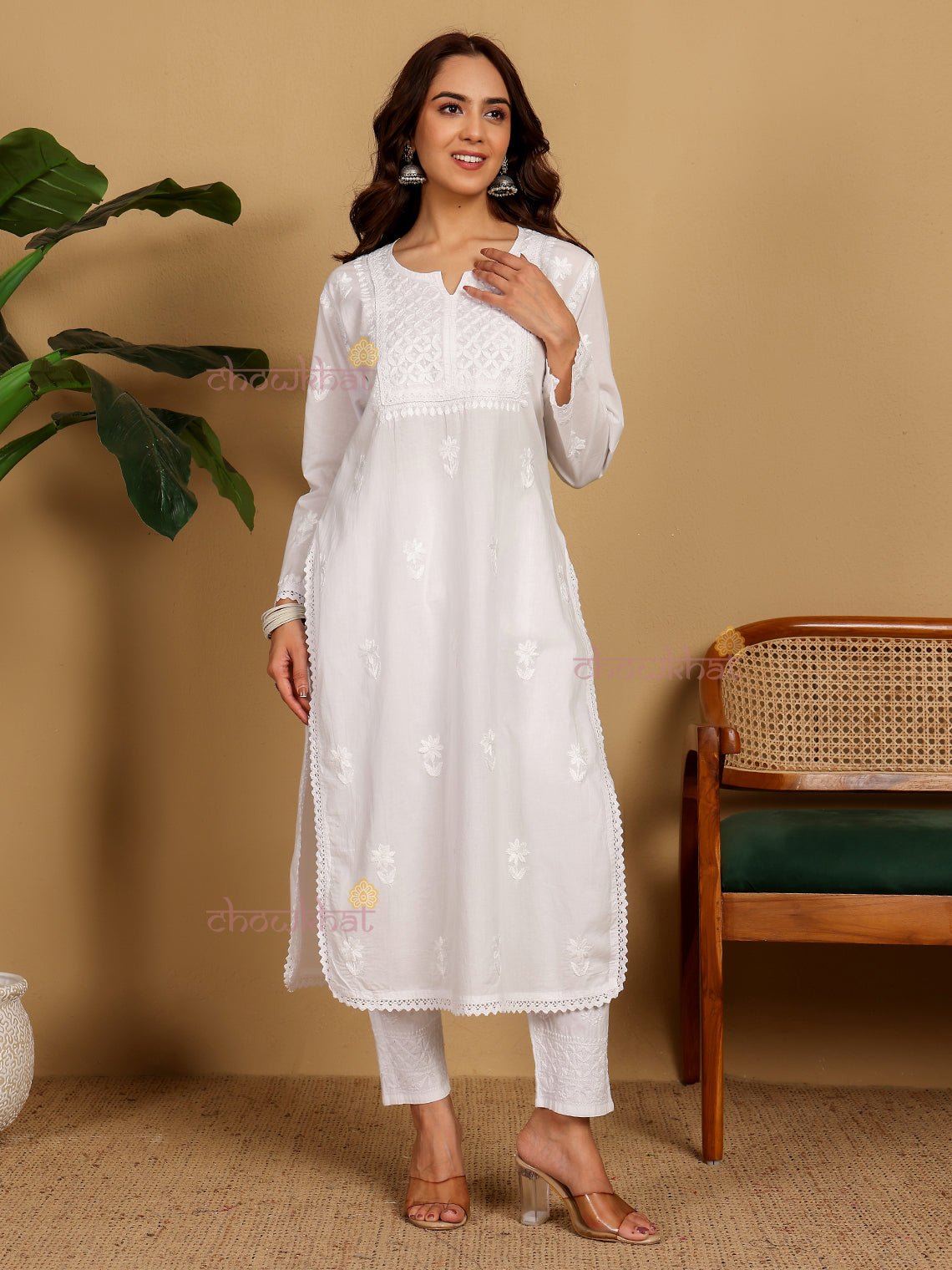 Nikhat Cotton Straight Hand Embroidered Chikankari Kurti With Lace Detaling - Chowkhat Lifestyle