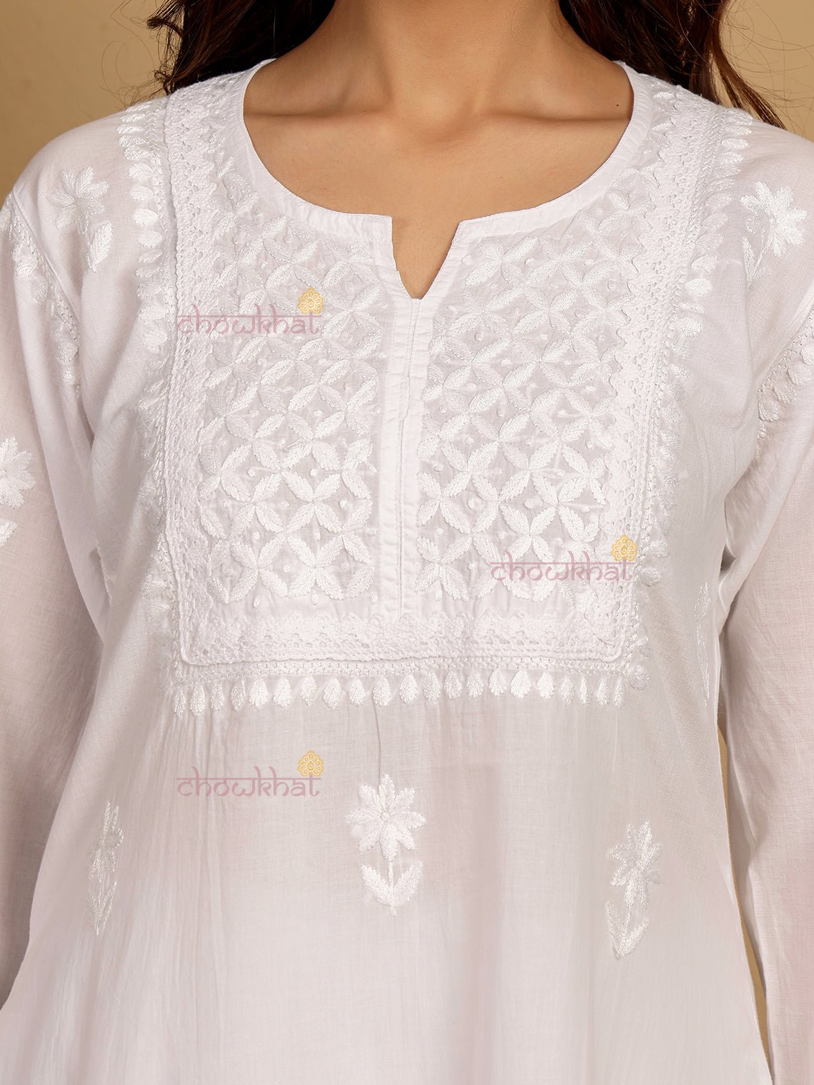 Nikhat Cotton Straight Hand Embroidered Chikankari Kurti With Lace Detaling - Chowkhat Lifestyle