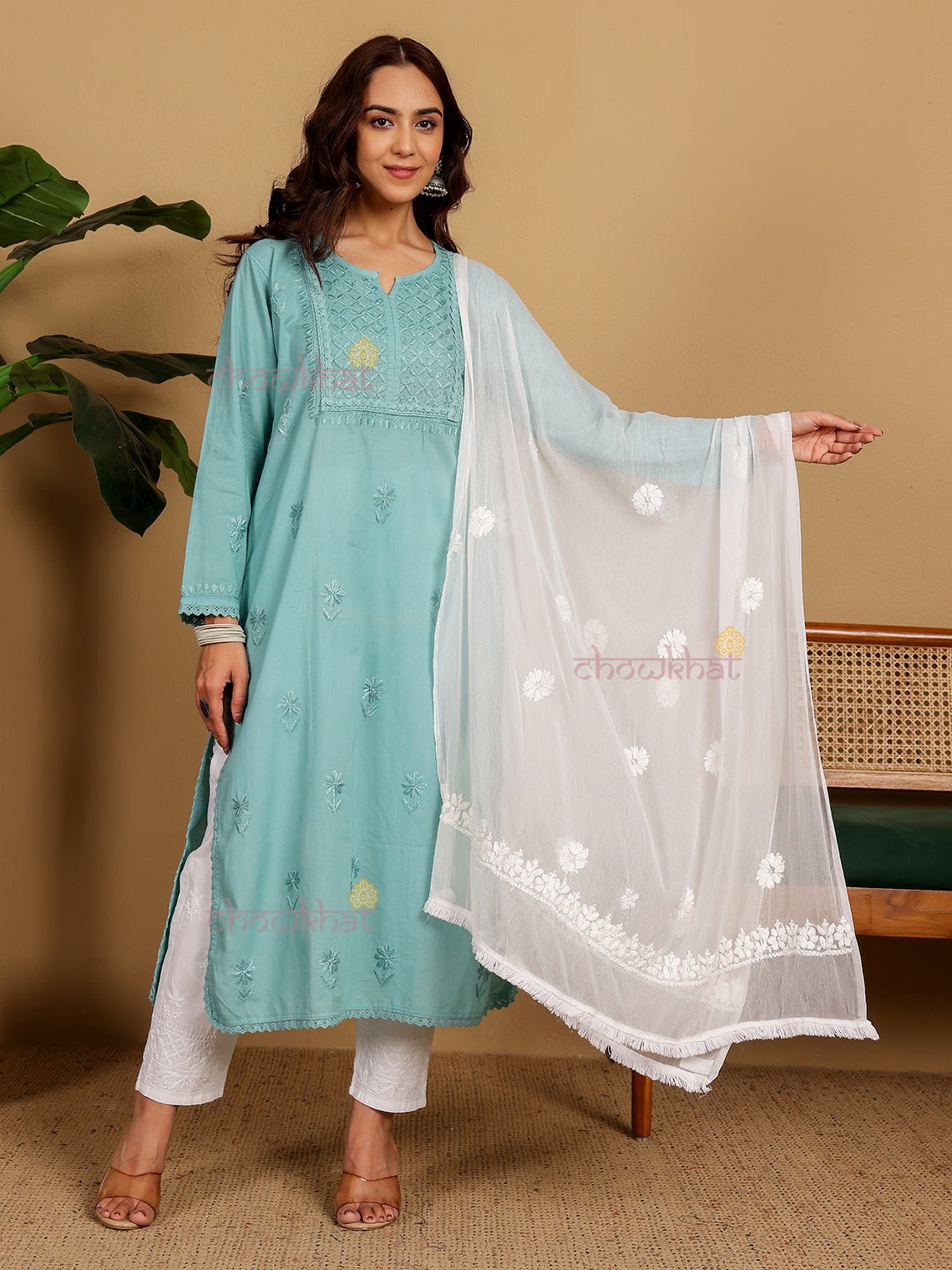 Nazia Chiffon Dupatta With Long Hand Embroidered Chikankari & Lace Detailing - Chowkhat Lifestyle