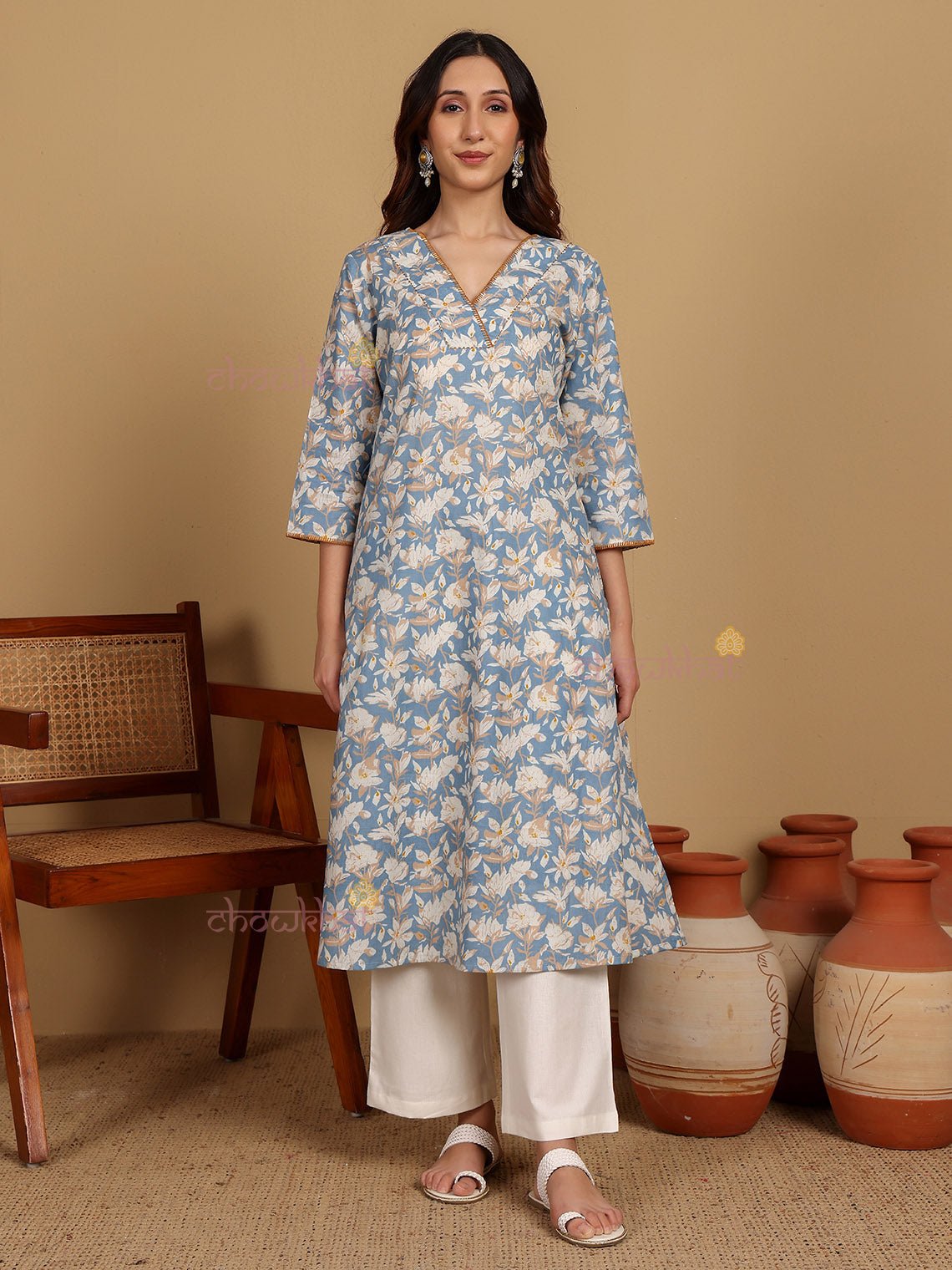 Medha Cotton Hand Printed Aline Kurti With Handwork - Chowkhat Lifestyle