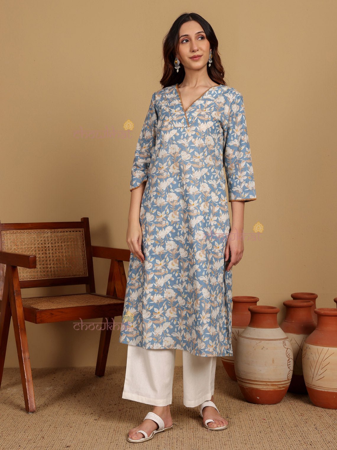Medha Cotton Hand Printed Aline Kurti With Handwork - Chowkhat Lifestyle