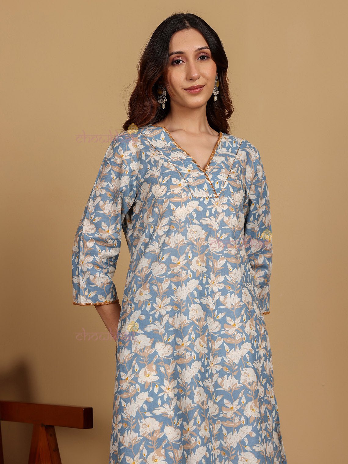 Medha Cotton Hand Printed Aline Kurti With Handwork - Chowkhat Lifestyle