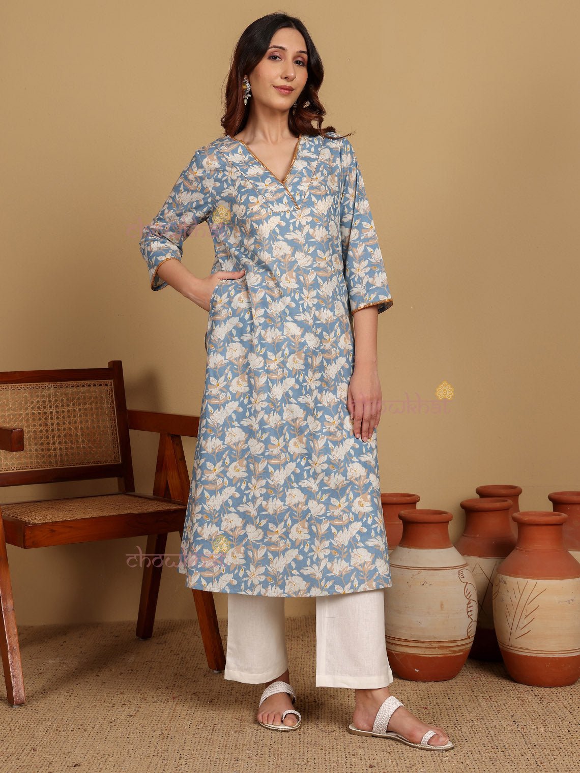 Medha Cotton Hand Printed Aline Kurti With Handwork - Chowkhat Lifestyle