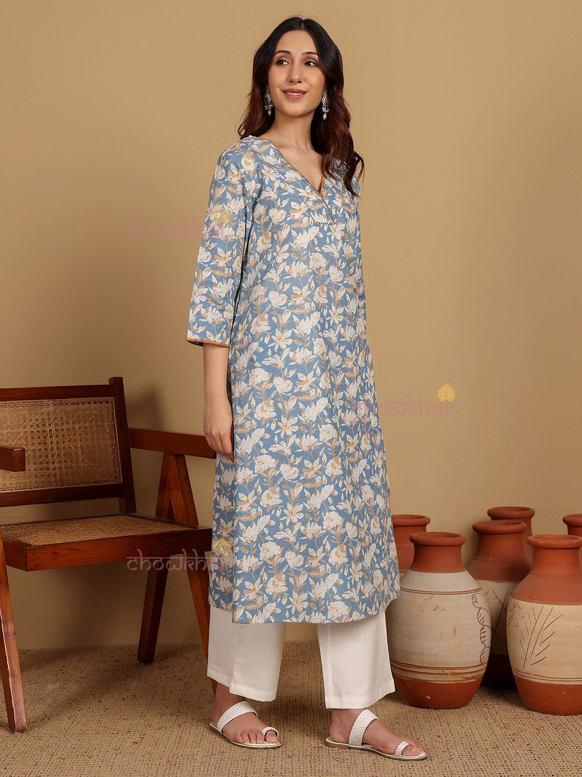 Medha Cotton Hand Printed Aline Kurti With Handwork - Chowkhat Lifestyle
