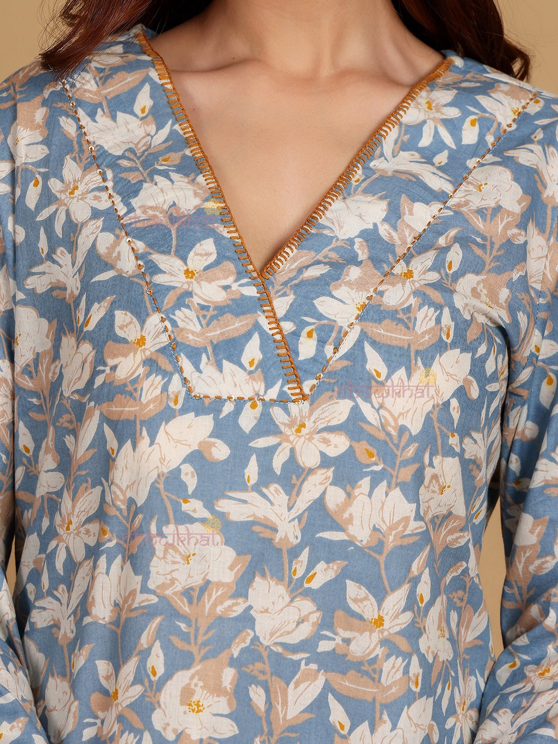 Medha Cotton Hand Printed Aline Kurti With Handwork - Chowkhat Lifestyle