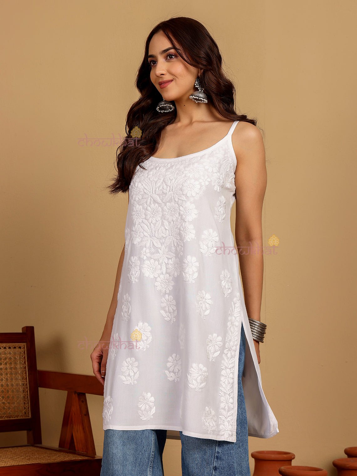 Kashish Straight Long Rayon Chikankari Kurti - Chowkhat Lifestyle