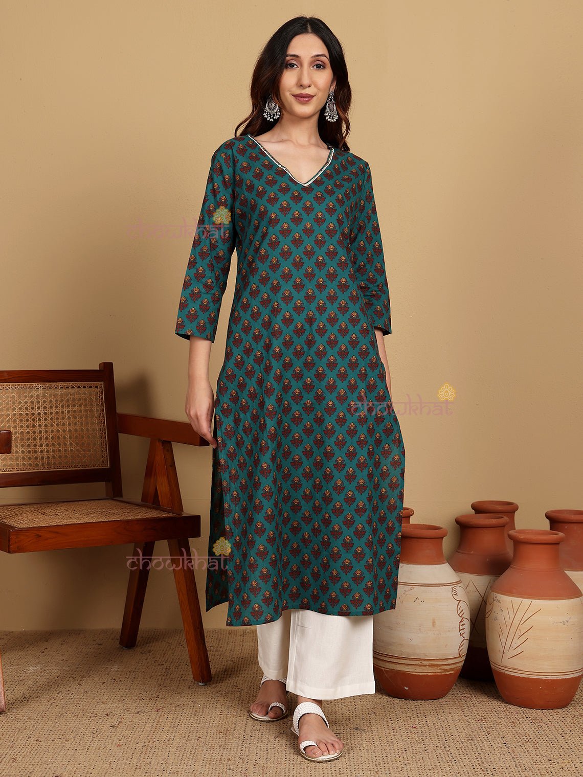 Nora Hand Printed Cotton Kurti With Handwork - Chowkhat Lifestyle