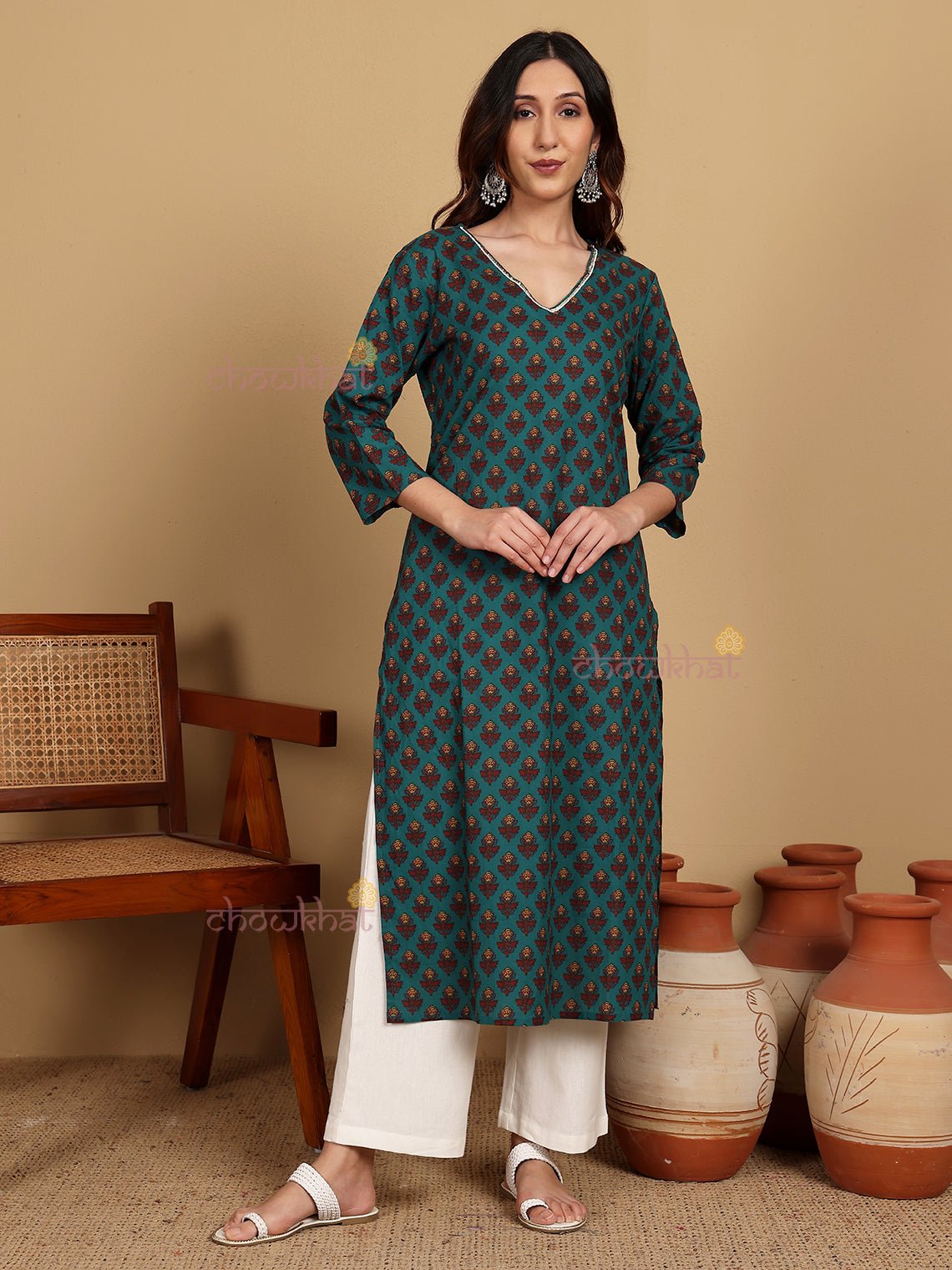 Nora Hand Printed Cotton Kurti With Handwork - Chowkhat Lifestyle