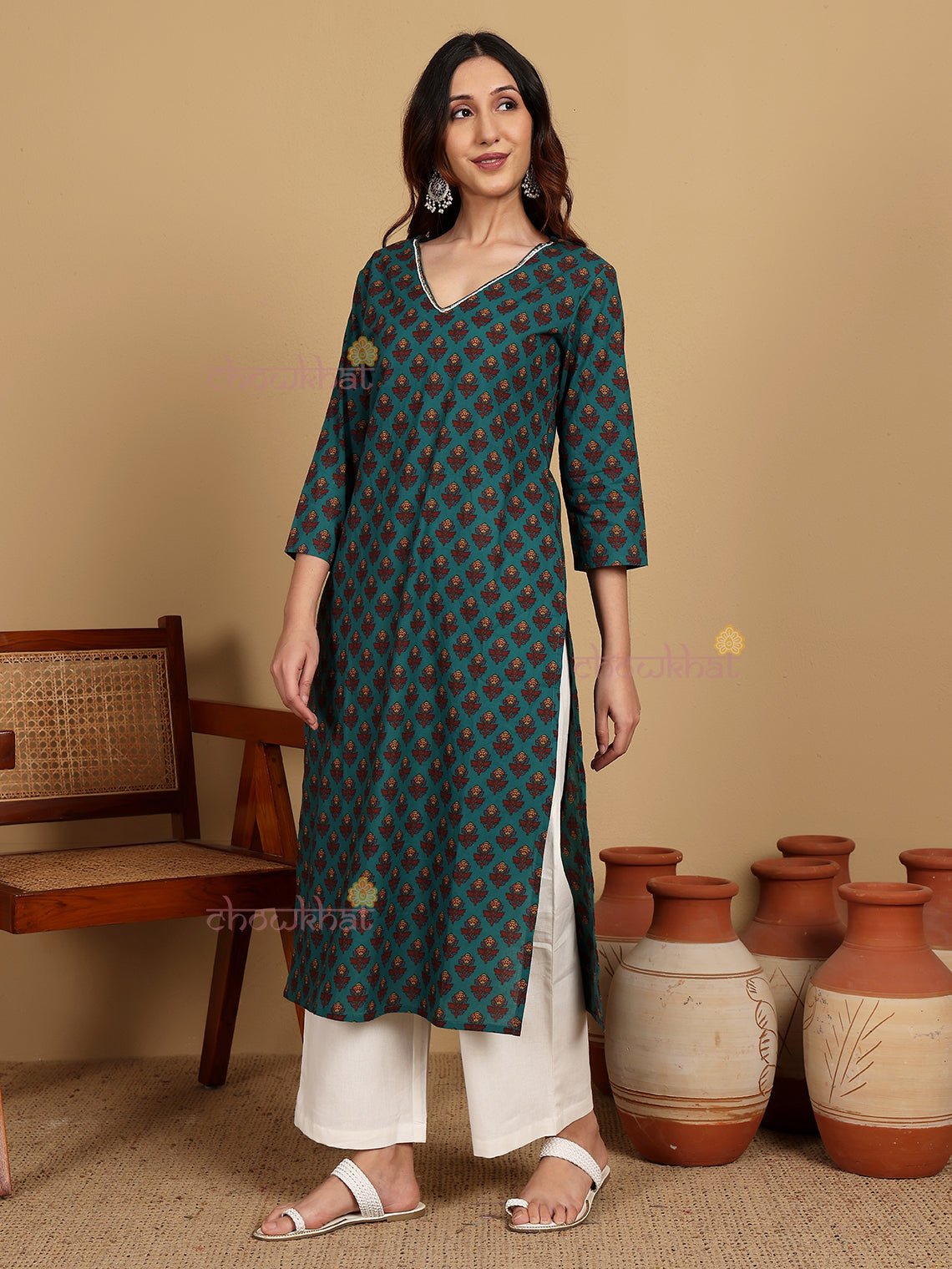 Nora Hand Printed Cotton Kurti With Handwork - Chowkhat Lifestyle