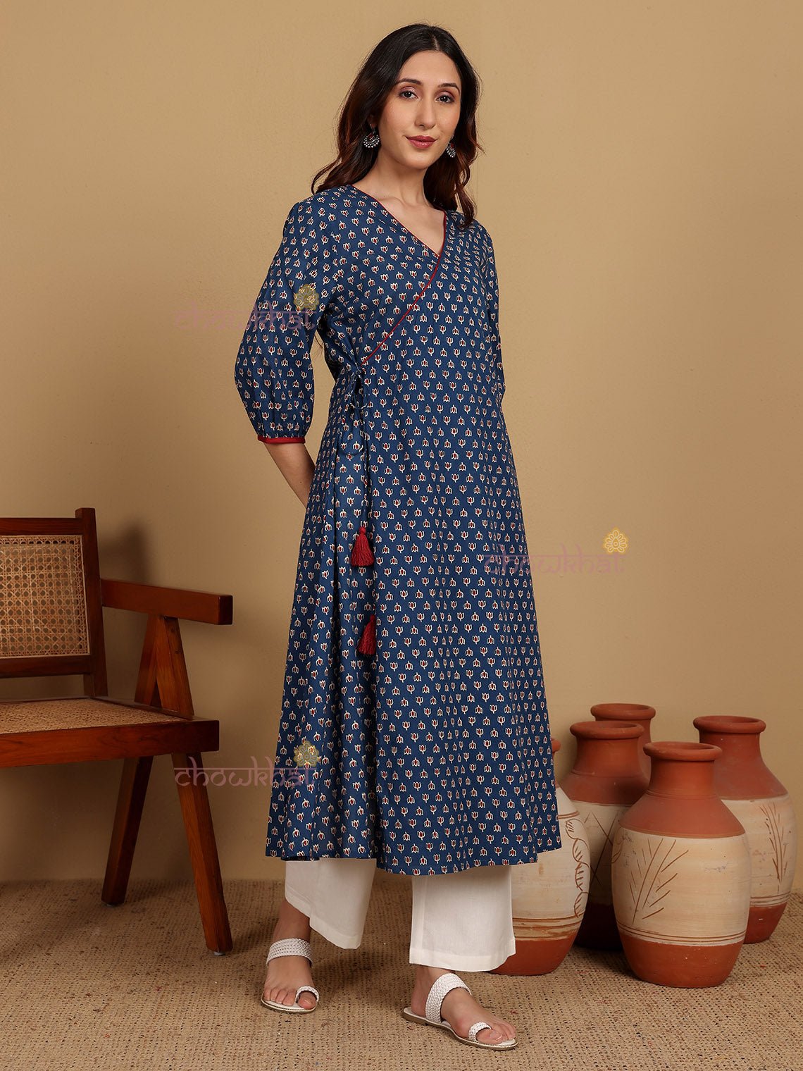 Divya Cotton Hand Printed Angrakha Dress - Chowkhat Lifestyle