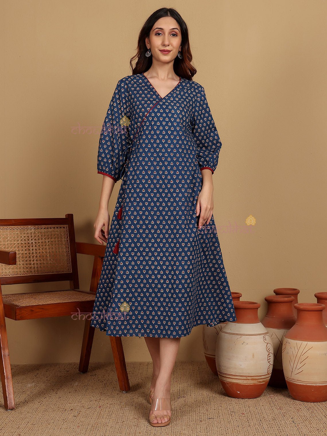 Divya Cotton Hand Printed Angrakha Dress - Chowkhat Lifestyle