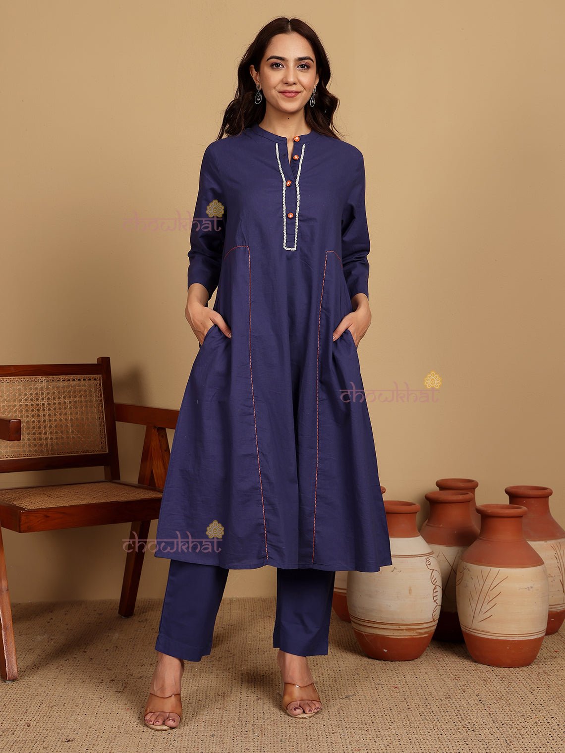 Khushi Aline Cotton Kurti & Pants Set With Pockets & Handwork - Chowkhat Lifestyle