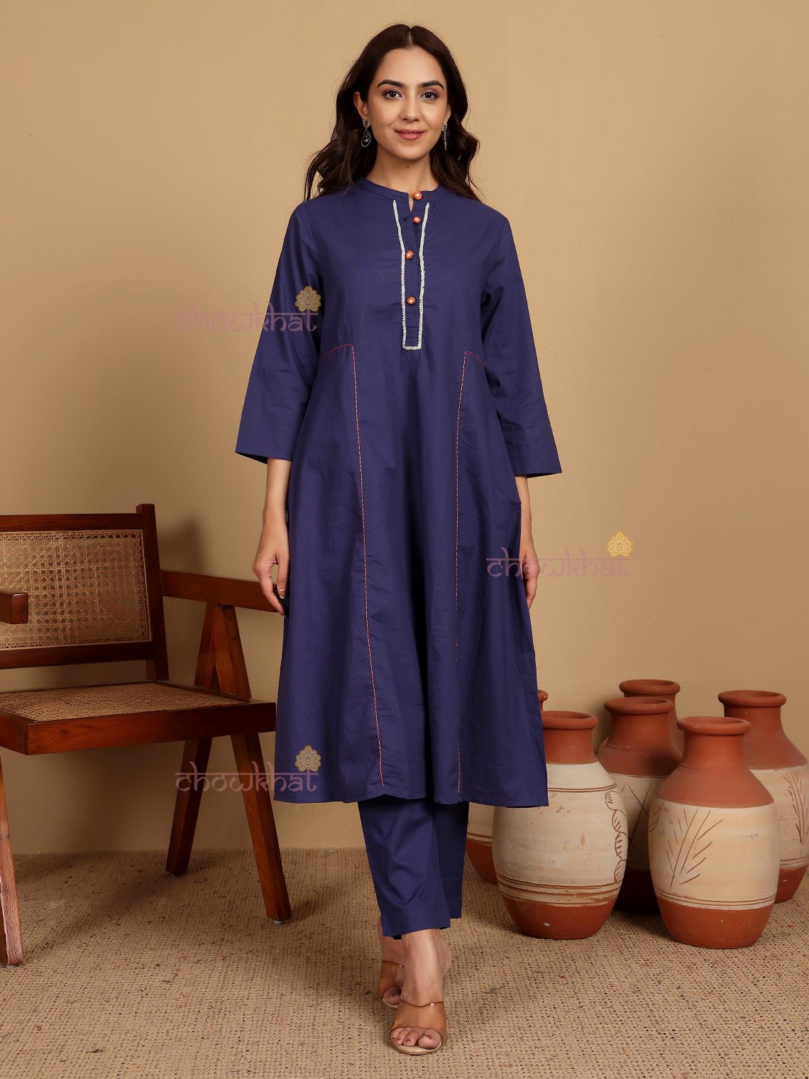 Khushi Aline Cotton Kurti & Pants Set With Pockets & Handwork - Chowkhat Lifestyle